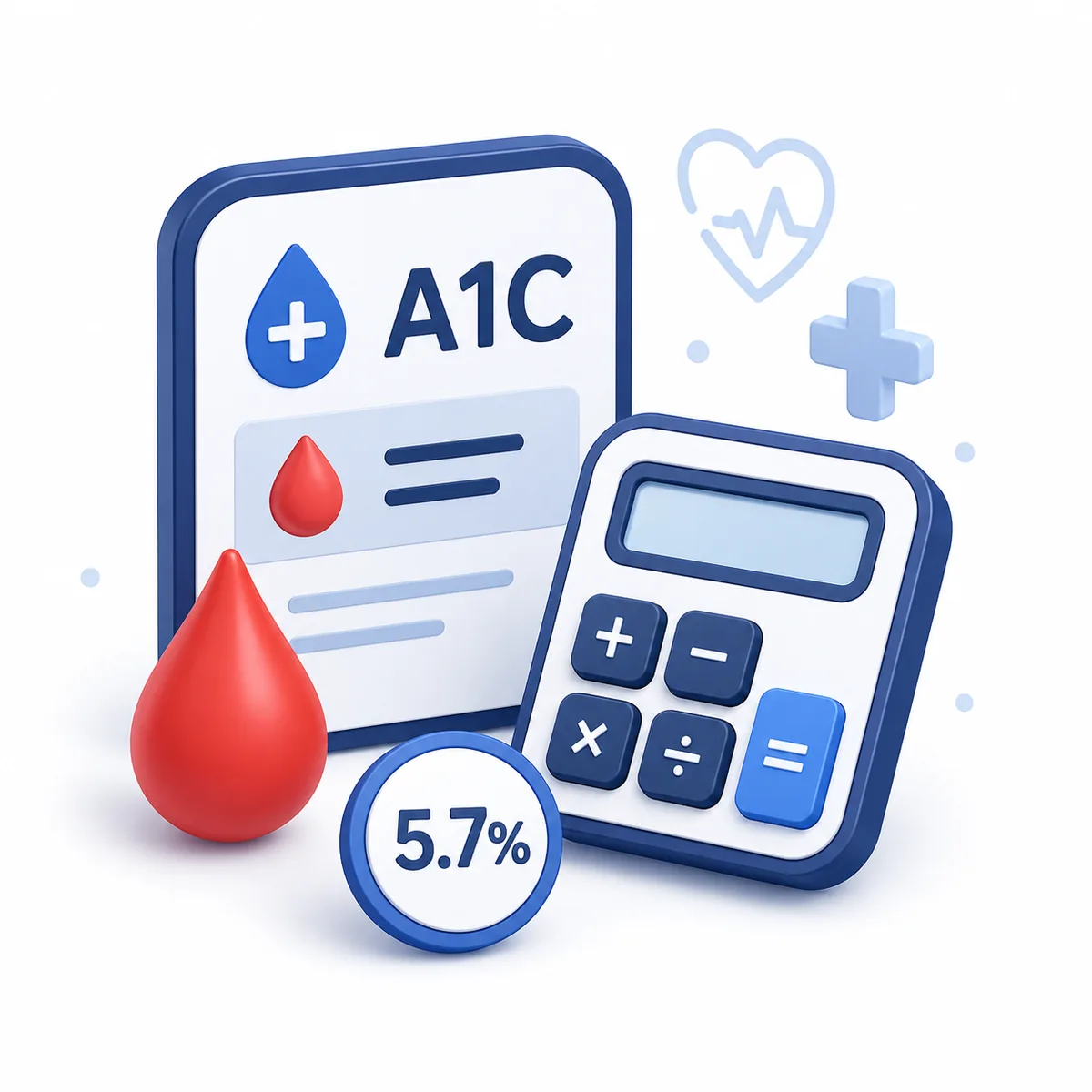 3D illustration for the A1C Calculator with blood drops, a percentage result, health icons, and a calculator.