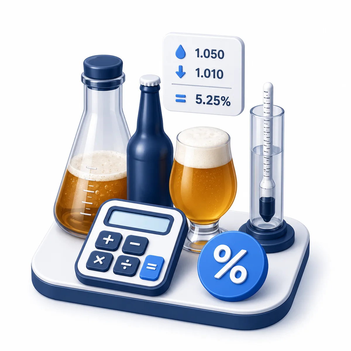 3D illustration for the ABV Calculator with brewing glassware, a hydrometer, percent symbol, and a calculator.