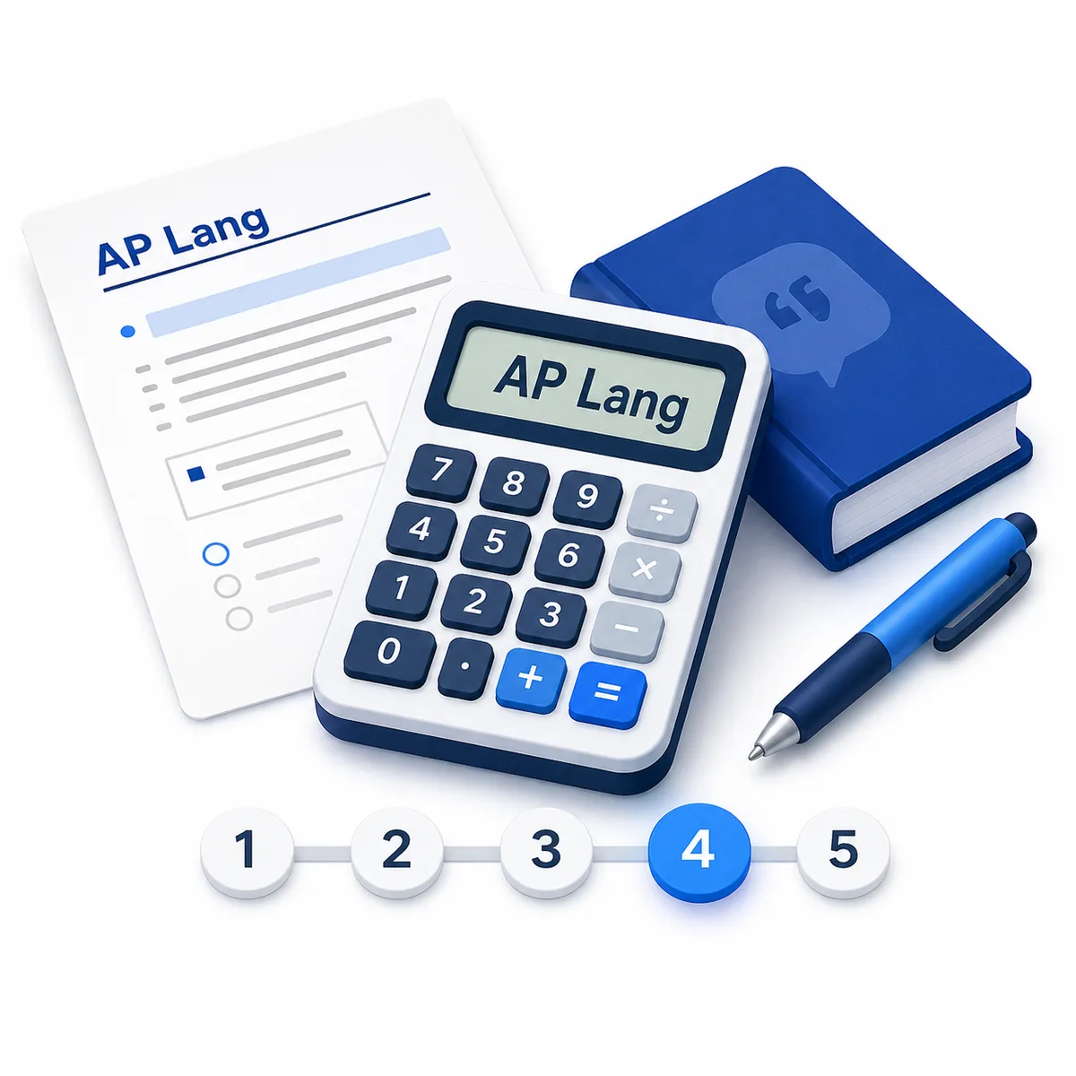 3D illustration for the AP Lang Score Calculator with an AP language exam sheet, score scale, book, pen, and calculator.