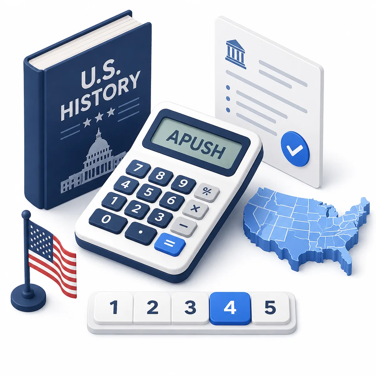 3D illustration for the APUSH Score Calculator with a U.S. history book, exam checklist, map, score scale, and calculator.