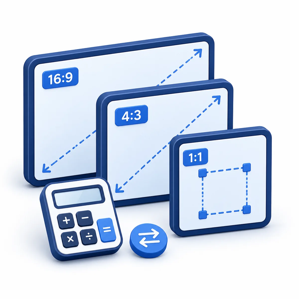 3D illustration for the Aspect Ratio Calculator with 16:9, 4:3, and 1:1 panels plus a calculator.