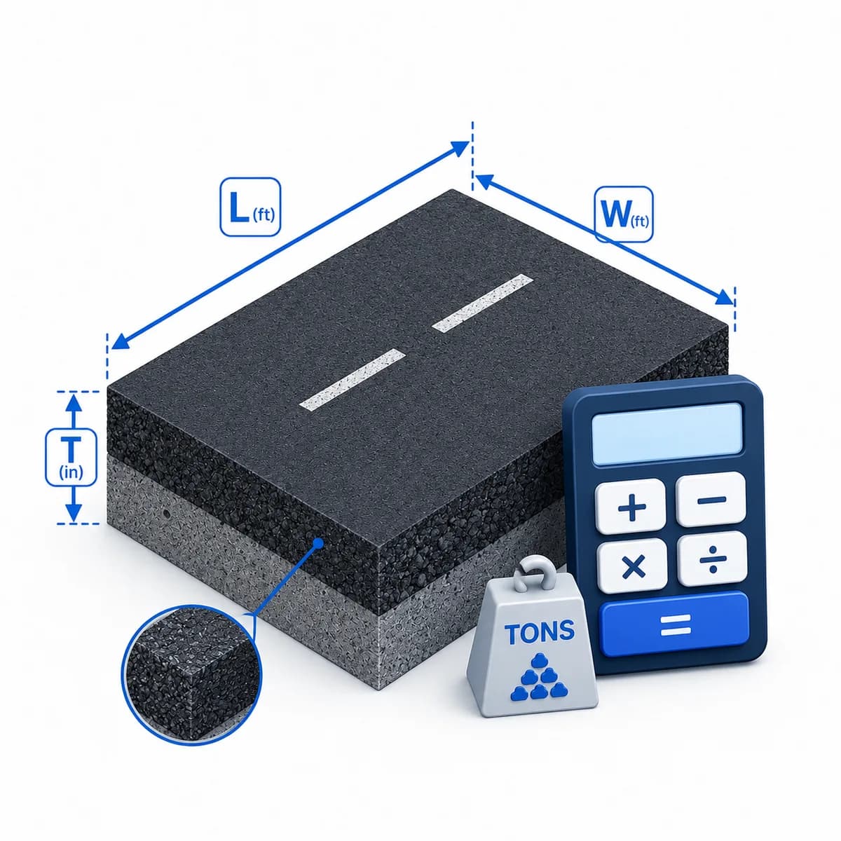 3D illustration for the Asphalt Calculator with a road layer, thickness labels, tons marker, and a calculator.