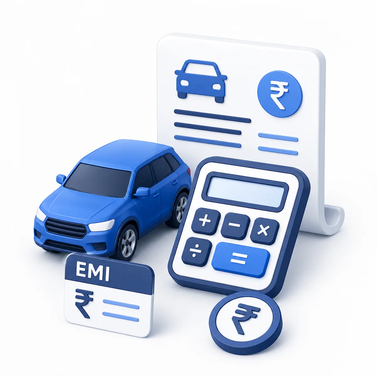 3D illustration for the Auto Loan Calculator with a car, EMI card, rupee coin, and a calculator.