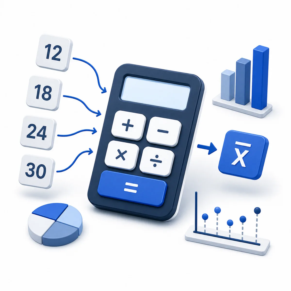 3D illustration for the Average Calculator with number tiles, arrows, charts, and a calculator.