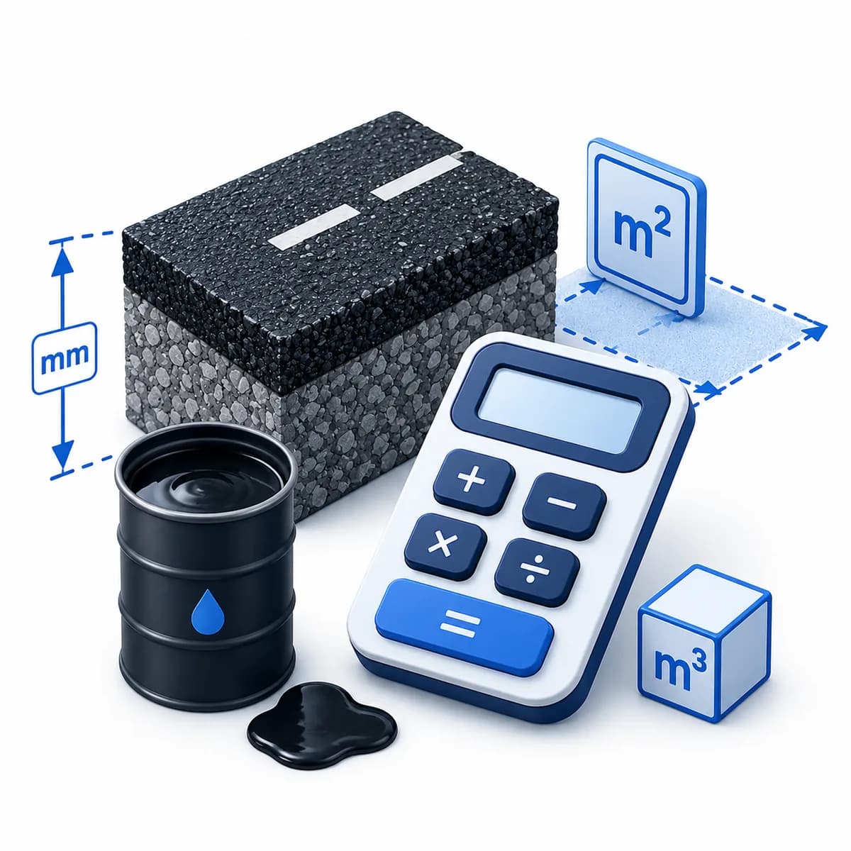 3D illustration for the Bitumen Calculator with road material, a bitumen barrel, area markers, and a calculator.