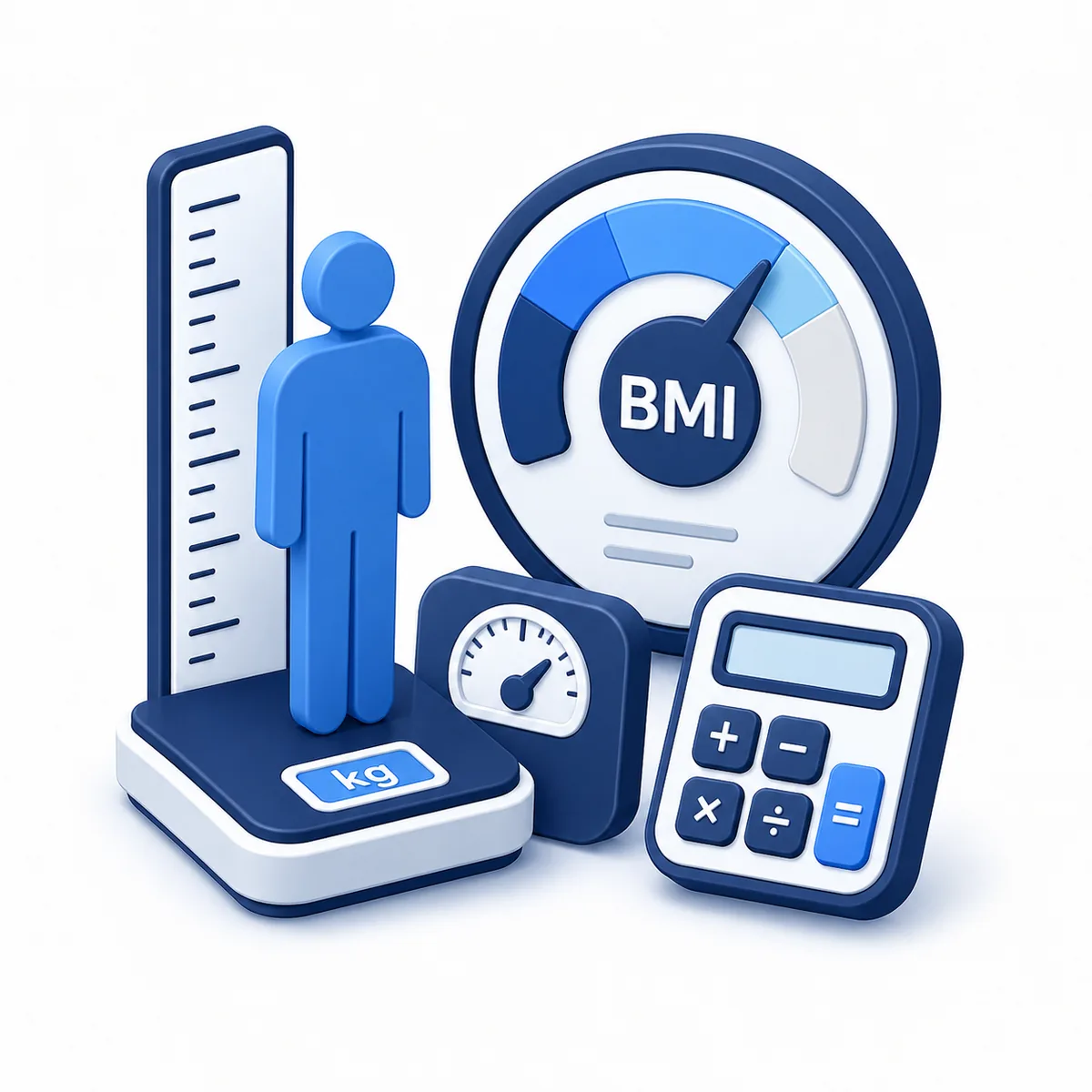 3D illustration for the BMI Calculator with a height scale, weight scale, BMI gauge, and a calculator.