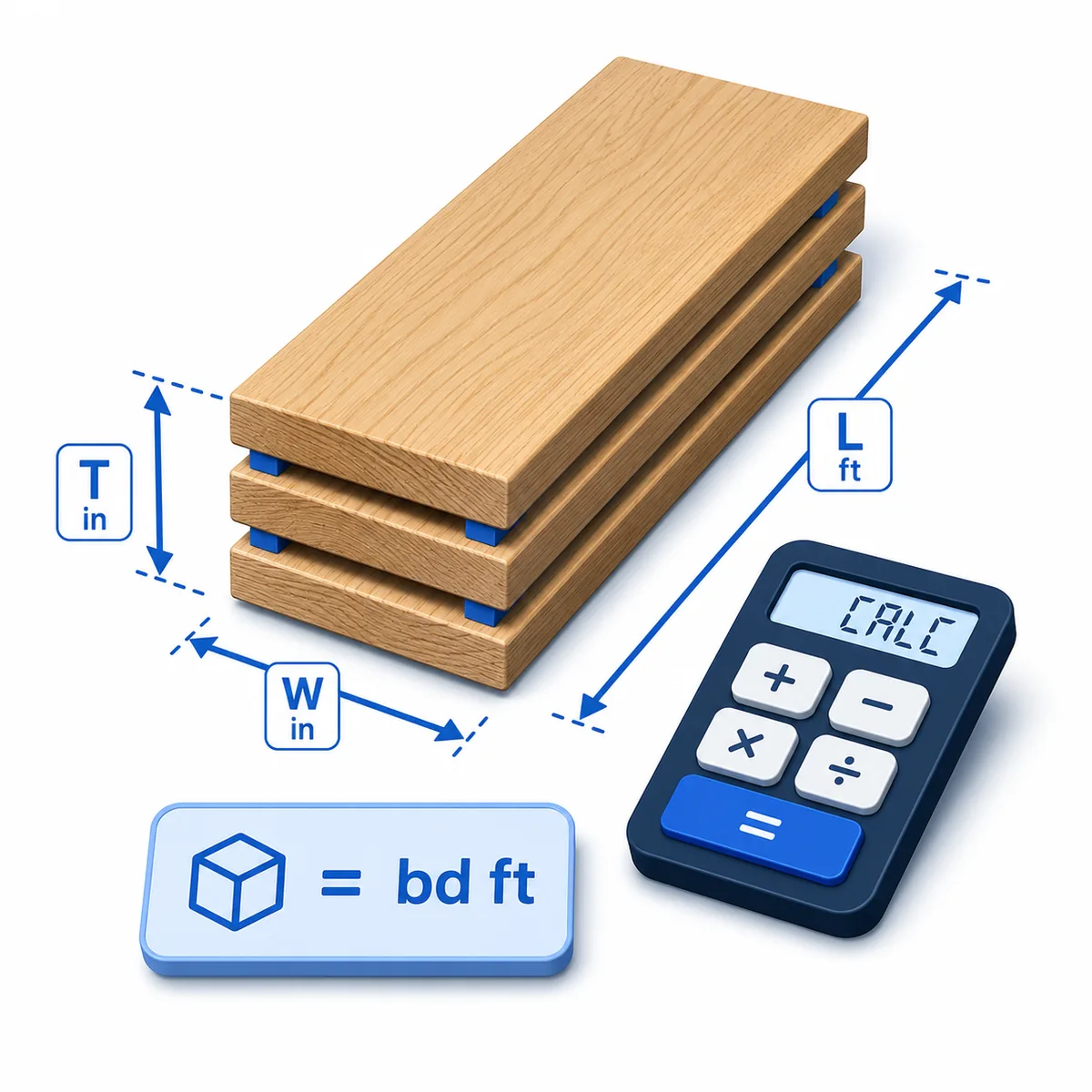 3D illustration for the Board Feet Calculator with stacked lumber, length, width, thickness labels, and a calculator.