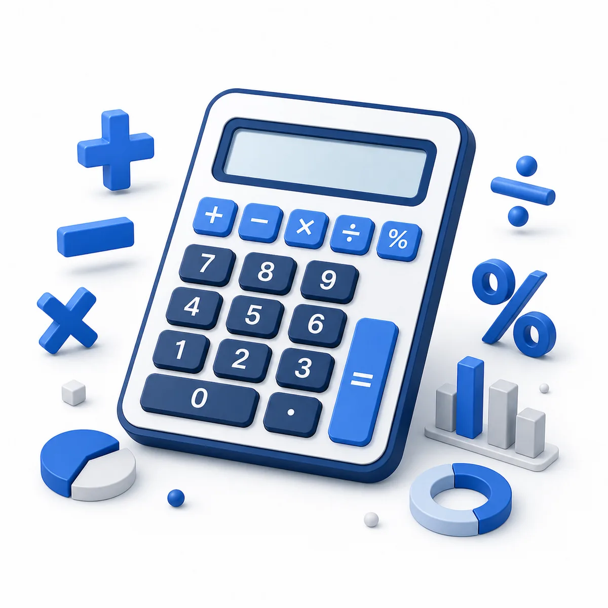 3D illustration for the Calculator page with arithmetic buttons and blue math symbols.