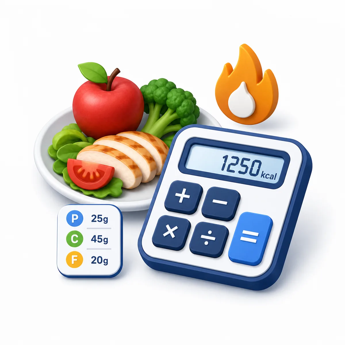 3D illustration for the Calorie Calculator with a meal plate, macro tiles, kcal display, and a calculator.