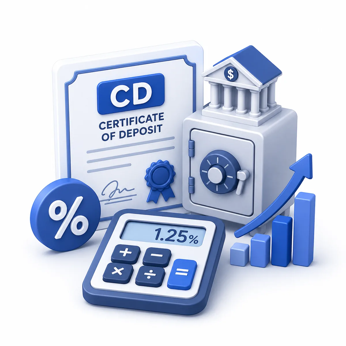 3D illustration for the CD Interest Calculator with a certificate of deposit, bank vault, percent sign, and calculator.