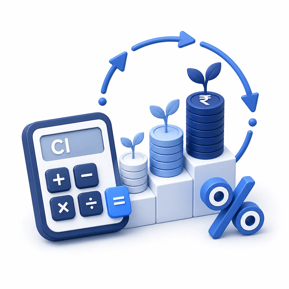3D illustration for the Compound Interest Calculator with growing coin stacks, percentage symbol, and a calculator.