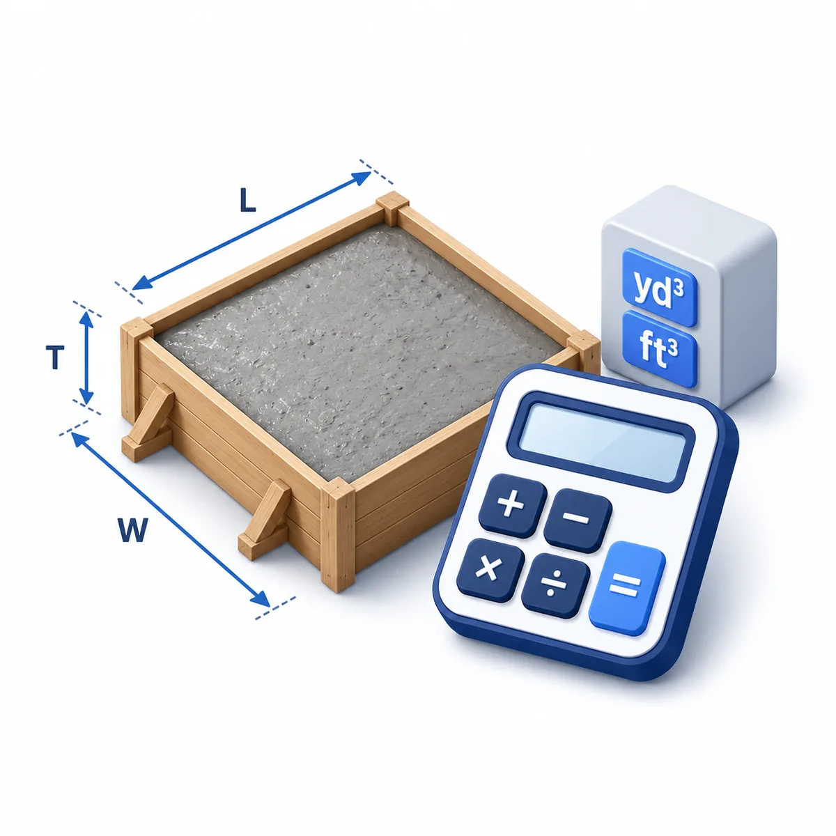 3D illustration for the Concrete Calculator with a concrete form, length, width, thickness labels, and a calculator.