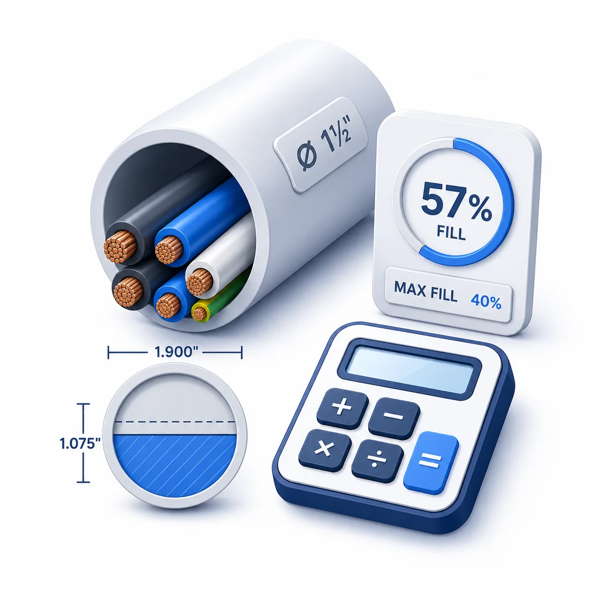 3D illustration for the Conduit Fill Calculator with a conduit cross-section, wires, fill gauge, and calculator.