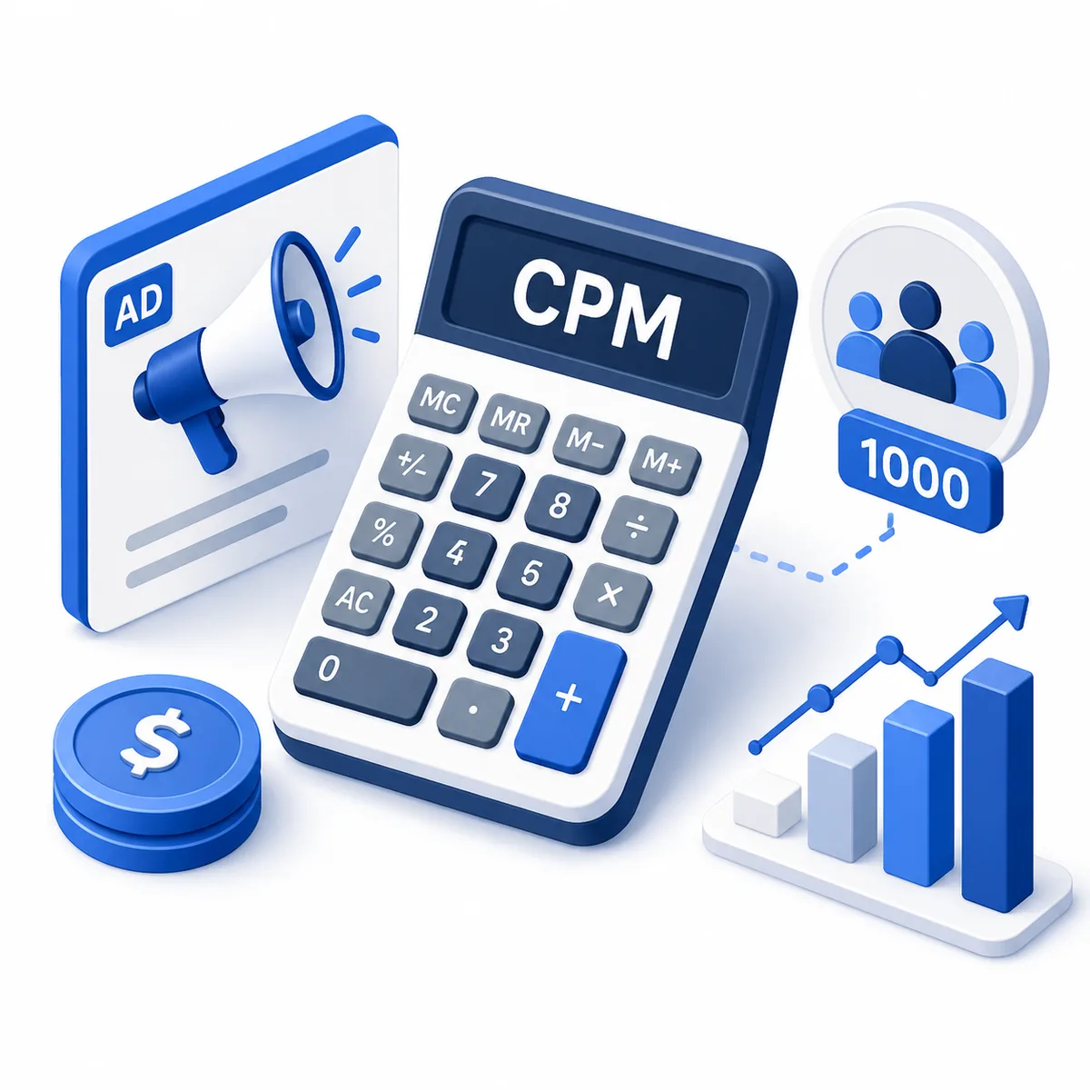 3D illustration for the CPM Calculator with an ad panel, audience count, growth chart, dollar coin, and calculator.