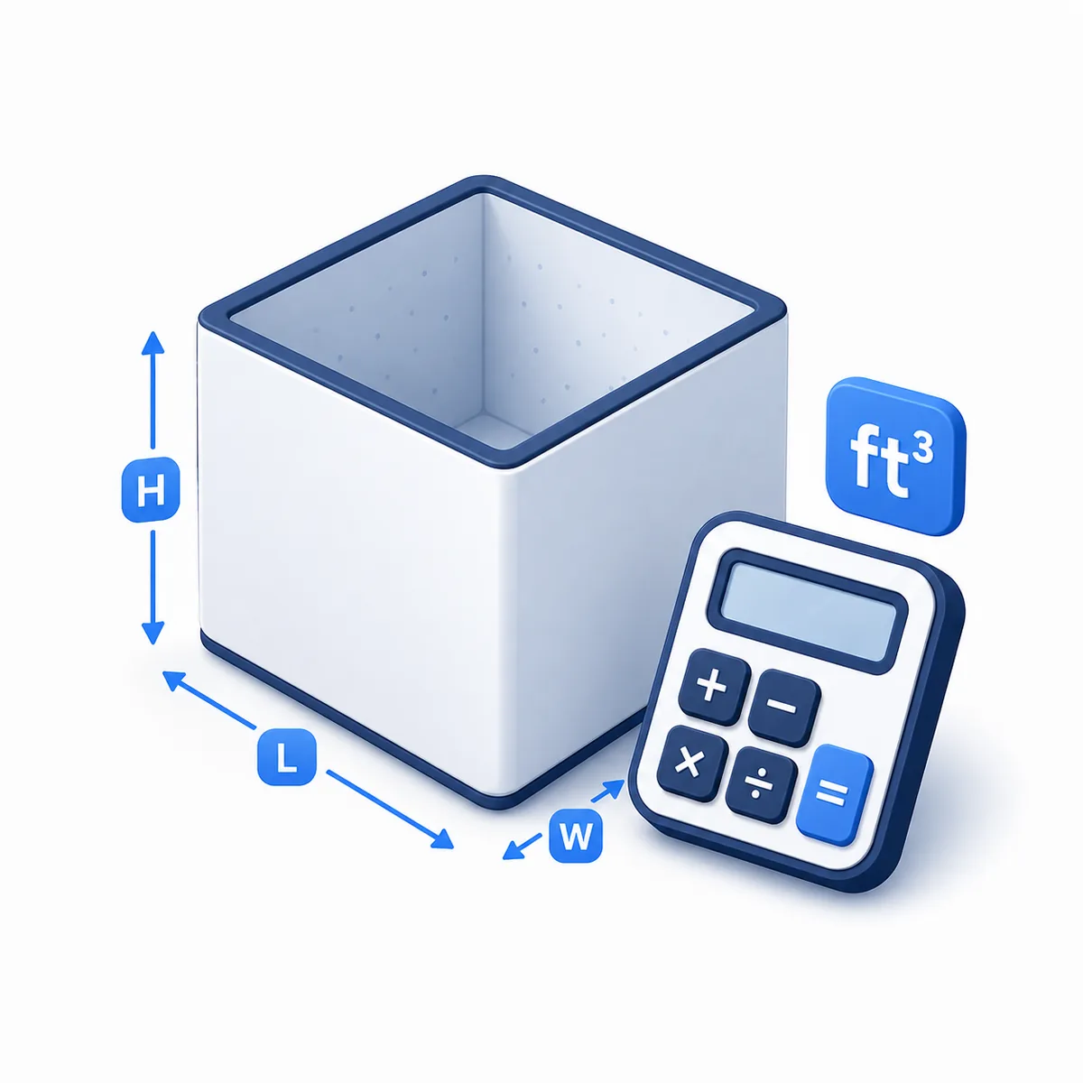 3D illustration for the Cubic Feet Calculator with a measured container, height, length, width labels, and calculator.