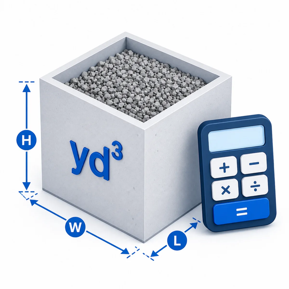 3D illustration for the Cubic Yard Calculator with a measured cube of aggregate and a calculator.