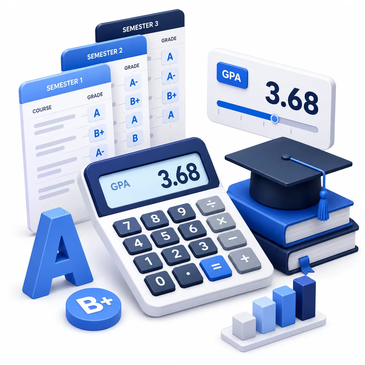 3D illustration for the Cumulative GPA Calculator with semester grade sheets, GPA result, graduation cap, books, and calculator.