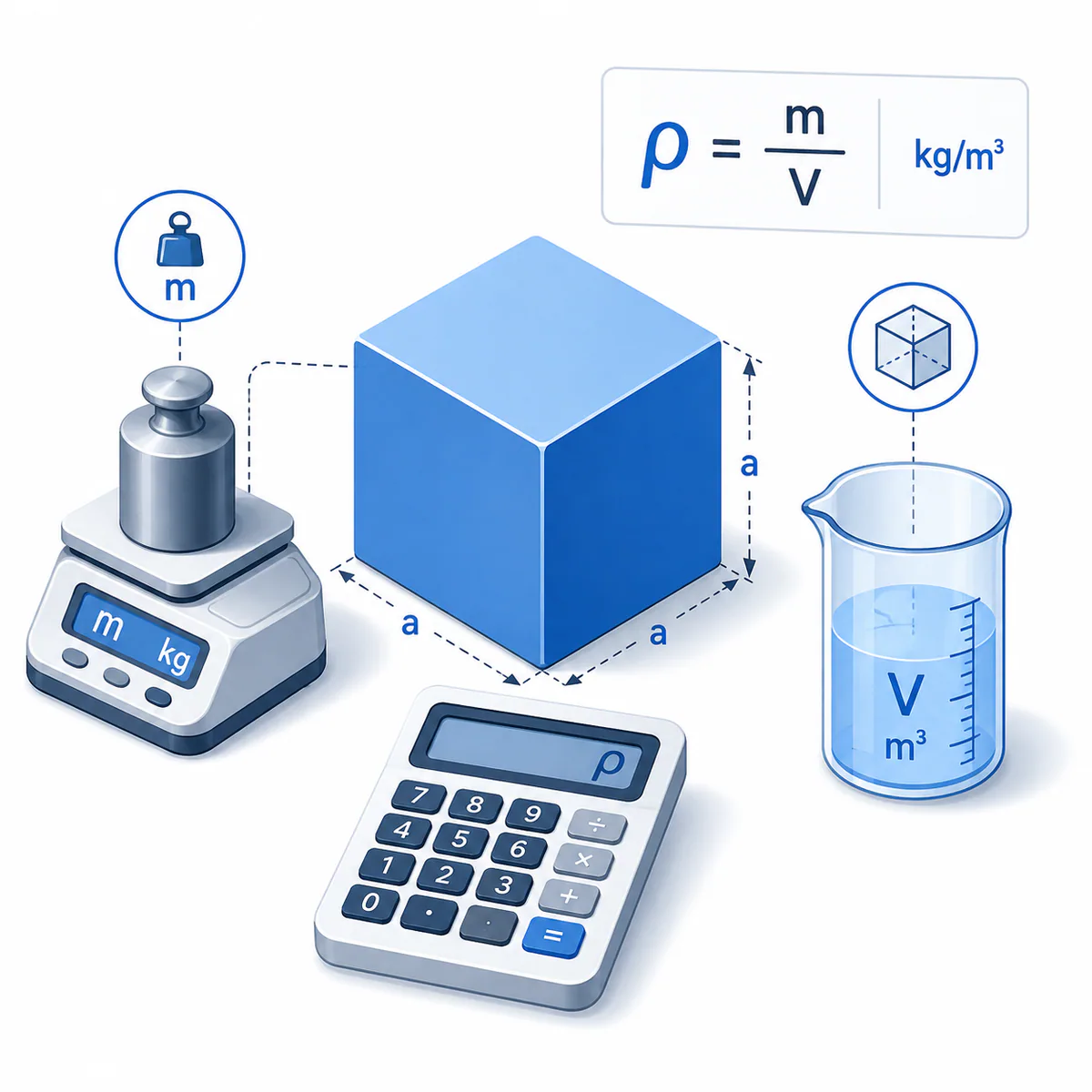 3D illustration for the Density Calculator with a cube, balance, graduated cylinder, density formula, and calculator.