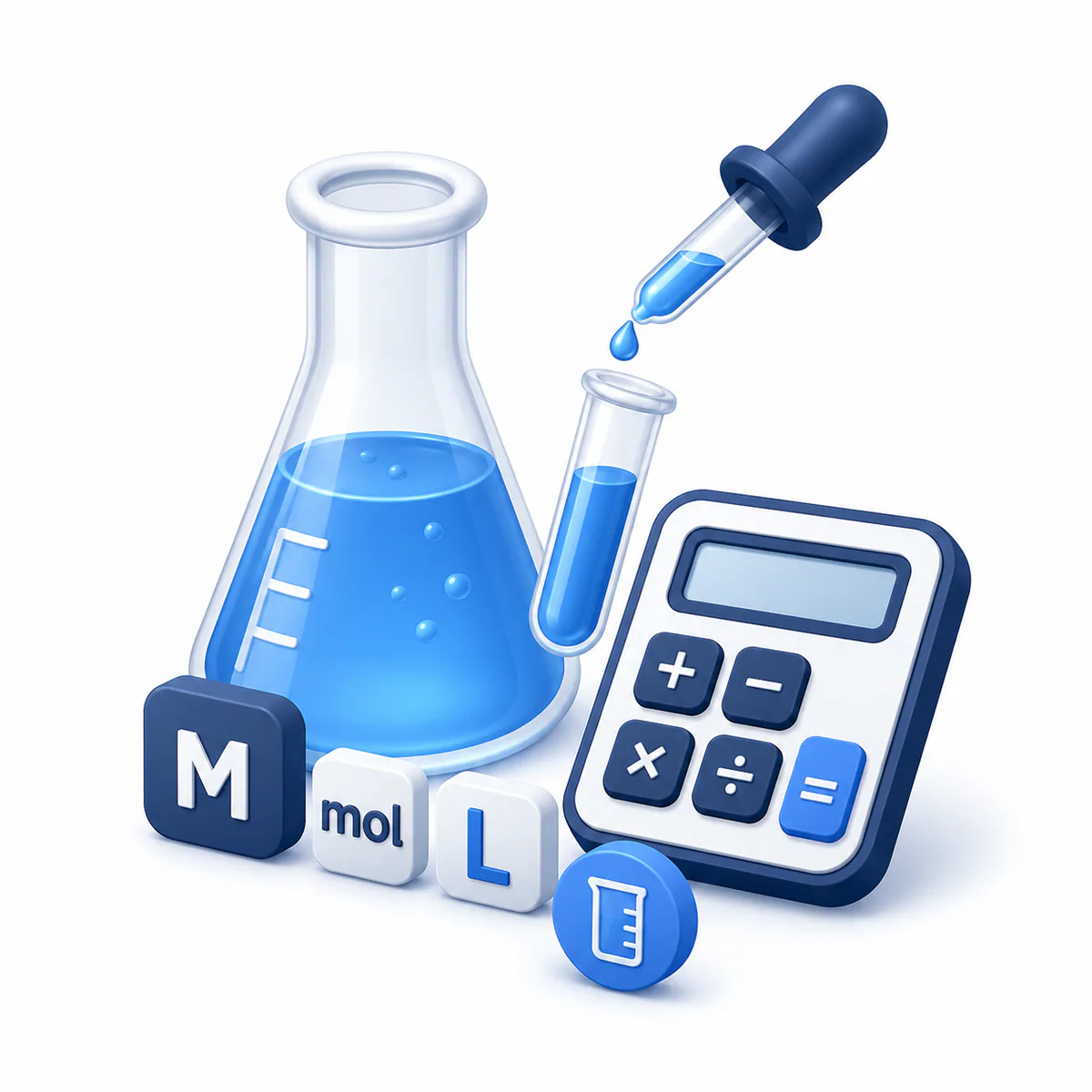 3D illustration for the Dilution Calculator with laboratory flask, dropper, concentration and volume symbols, and calculator.
