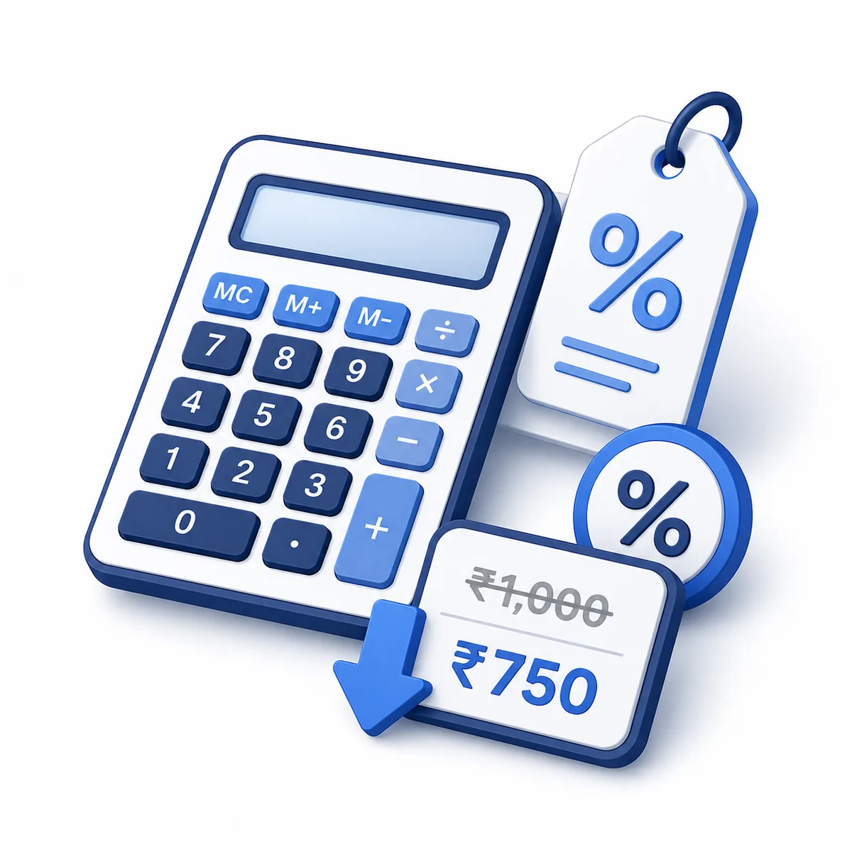3D illustration for the Discount Calculator with a percent tag, crossed-out price, discounted price, arrow, and calculator.