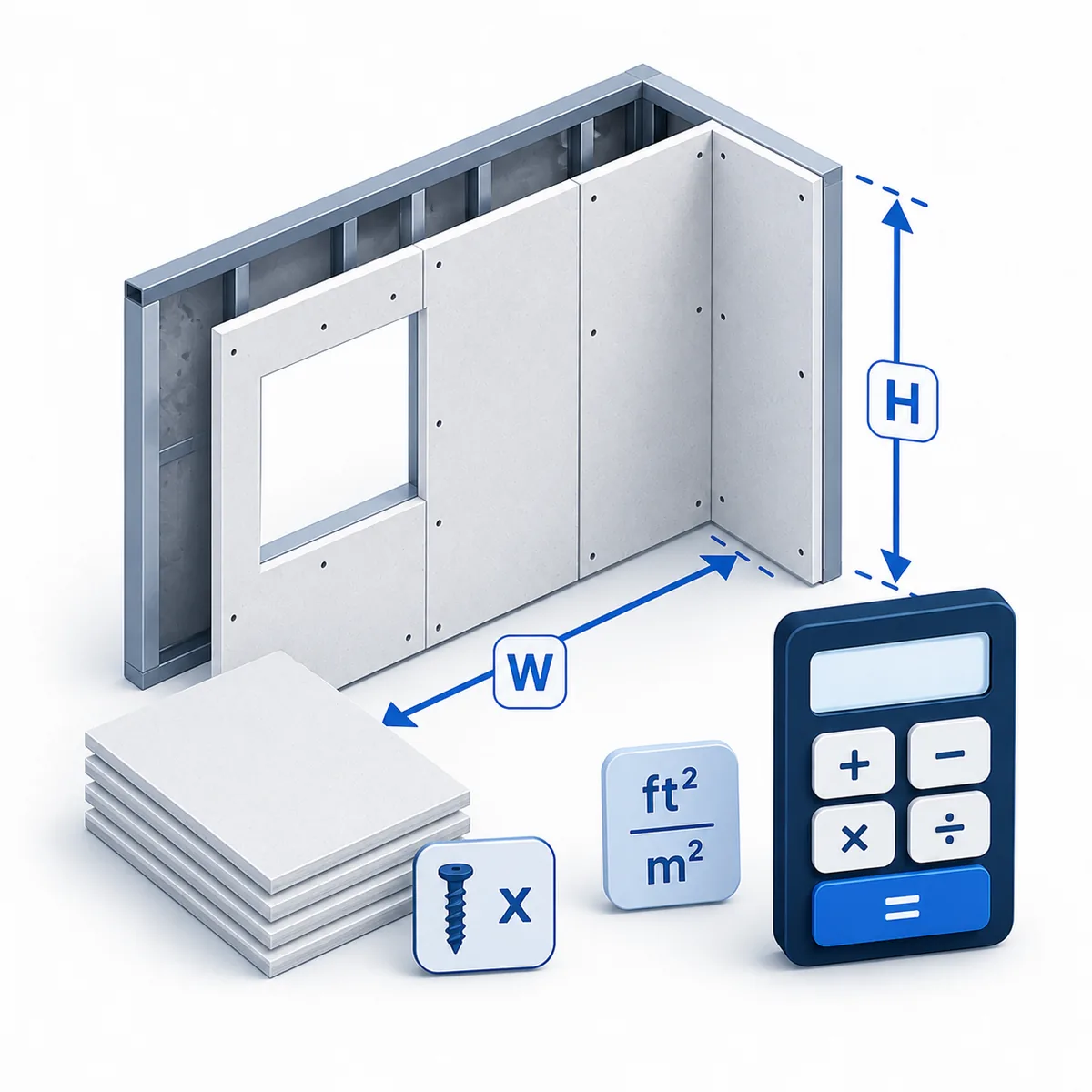 3D illustration for the Drywall Calculator with wall panels, sheet stack, height and width labels, and a calculator.
