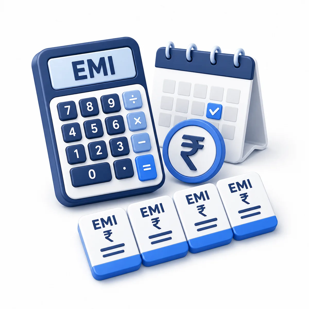 3D illustration for the EMI Calculator with payment cards, a calendar, rupee coin, and a calculator.