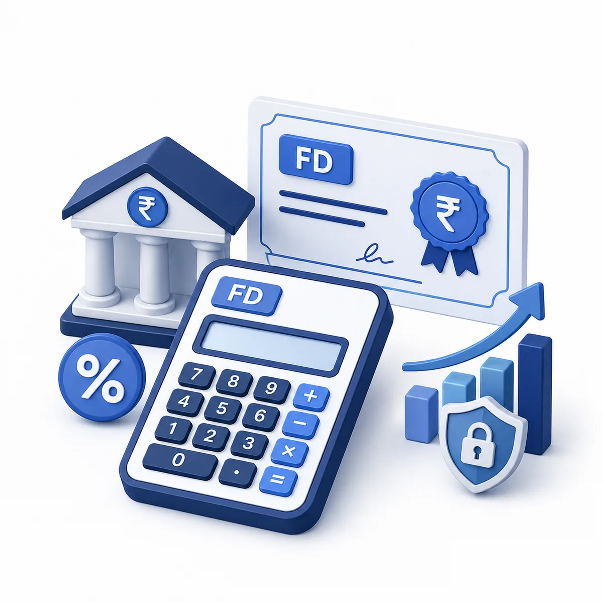 3D illustration for the FD Calculator with a fixed deposit certificate, bank, interest percent symbol, security shield, and calculator.