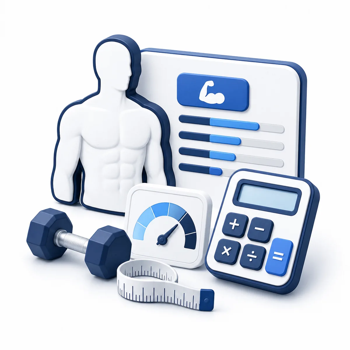 3D illustration for the FFMI Calculator with a fitness figure, dumbbell, body gauge, tape measure, and calculator.