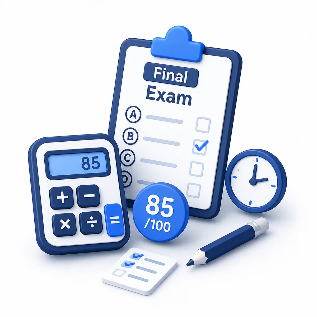 3D illustration for the Final Exam Calculator with an exam sheet, score result, clock, pencil, and calculator.
