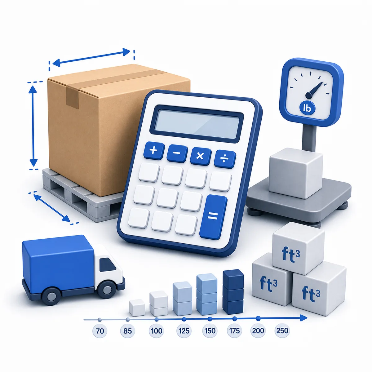 3D illustration for the Freight Class Calculator with a pallet, box, scale, measurement symbols, and calculator.