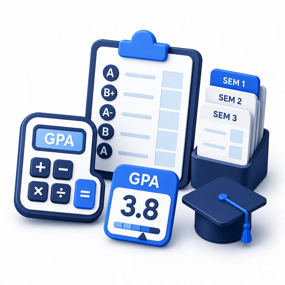 3D illustration for the GPA Calculator with grade rows, semester cards, GPA result, graduation cap, and calculator.