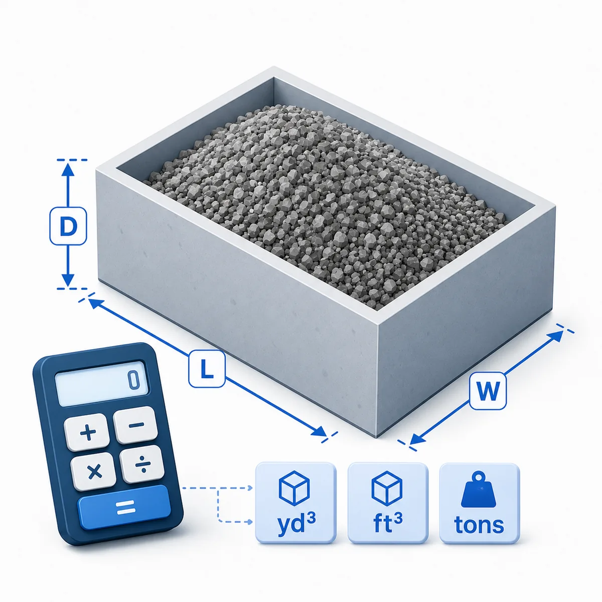 3D illustration for the Gravel Calculator with a measured gravel box, cubic yard, cubic foot, tons tiles, and calculator.