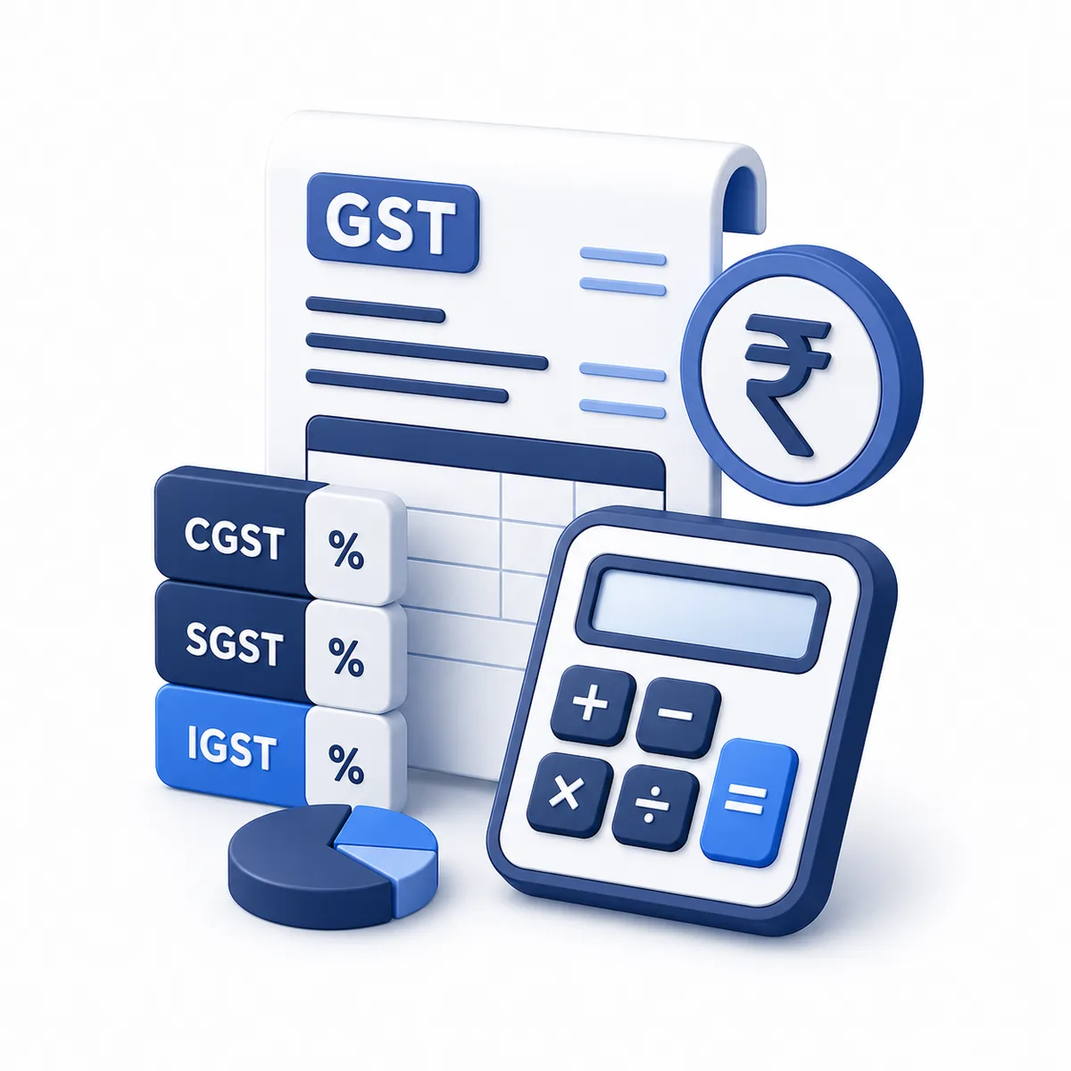 3D illustration for the GST Calculator with a GST invoice, CGST, SGST, IGST tiles, rupee coin, and calculator.
