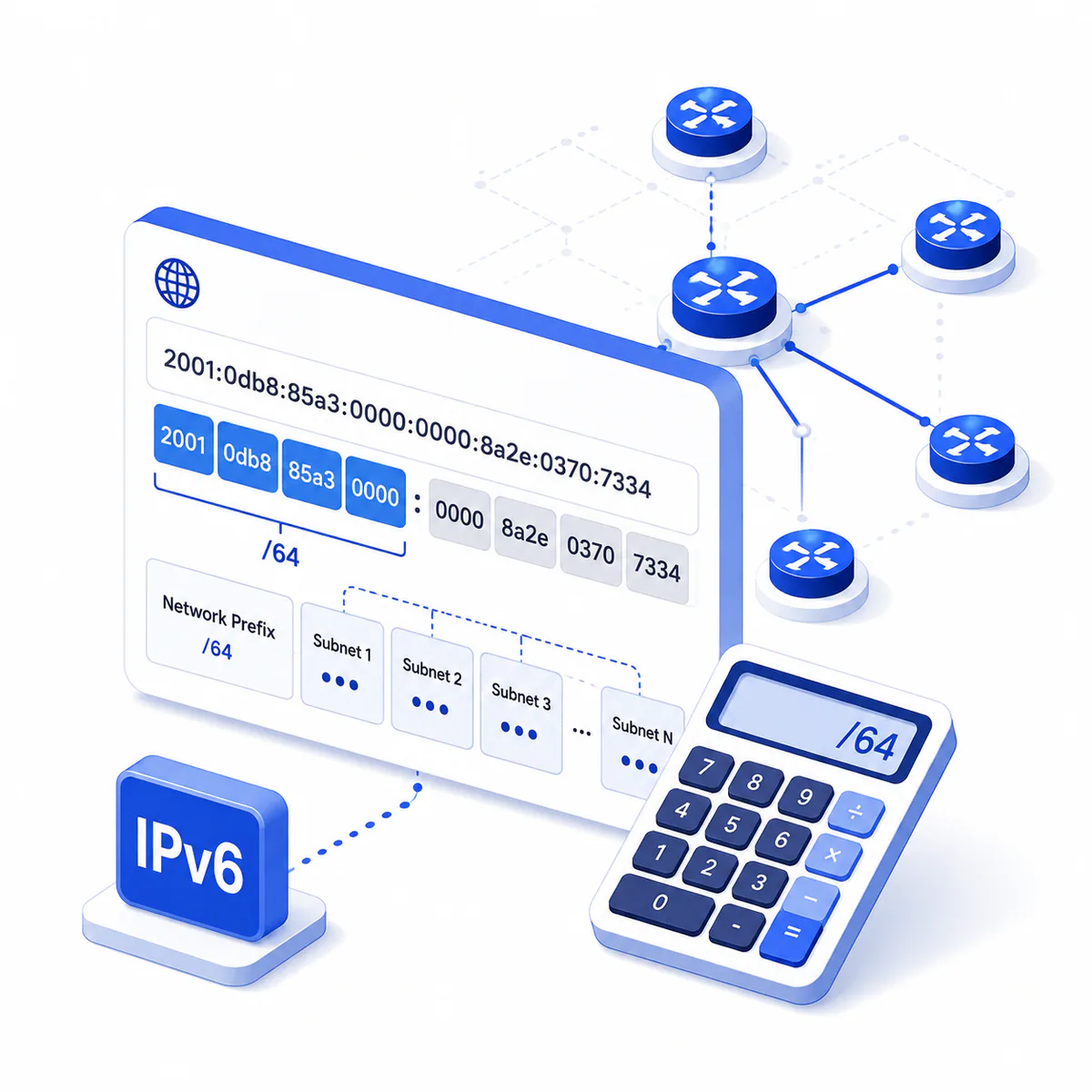 3D illustration for the IPv6 Subnet Calculator with an IPv6 address panel, connected network nodes, prefix cards, and calculator.