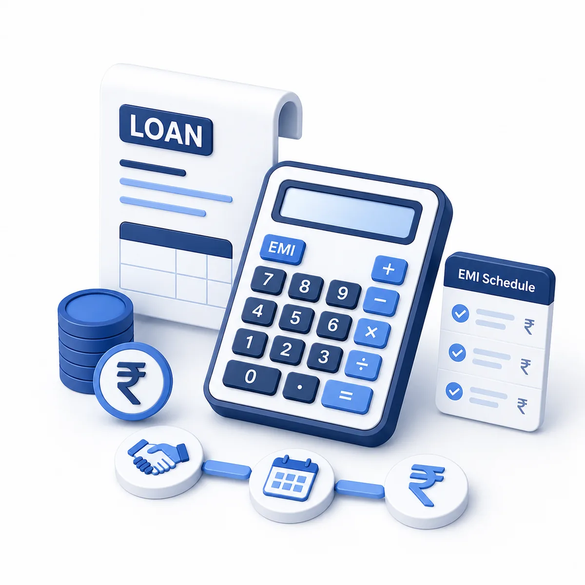 3D illustration for the Loan Calculator with a loan document, EMI schedule, rupee coins, payment timeline, and calculator.