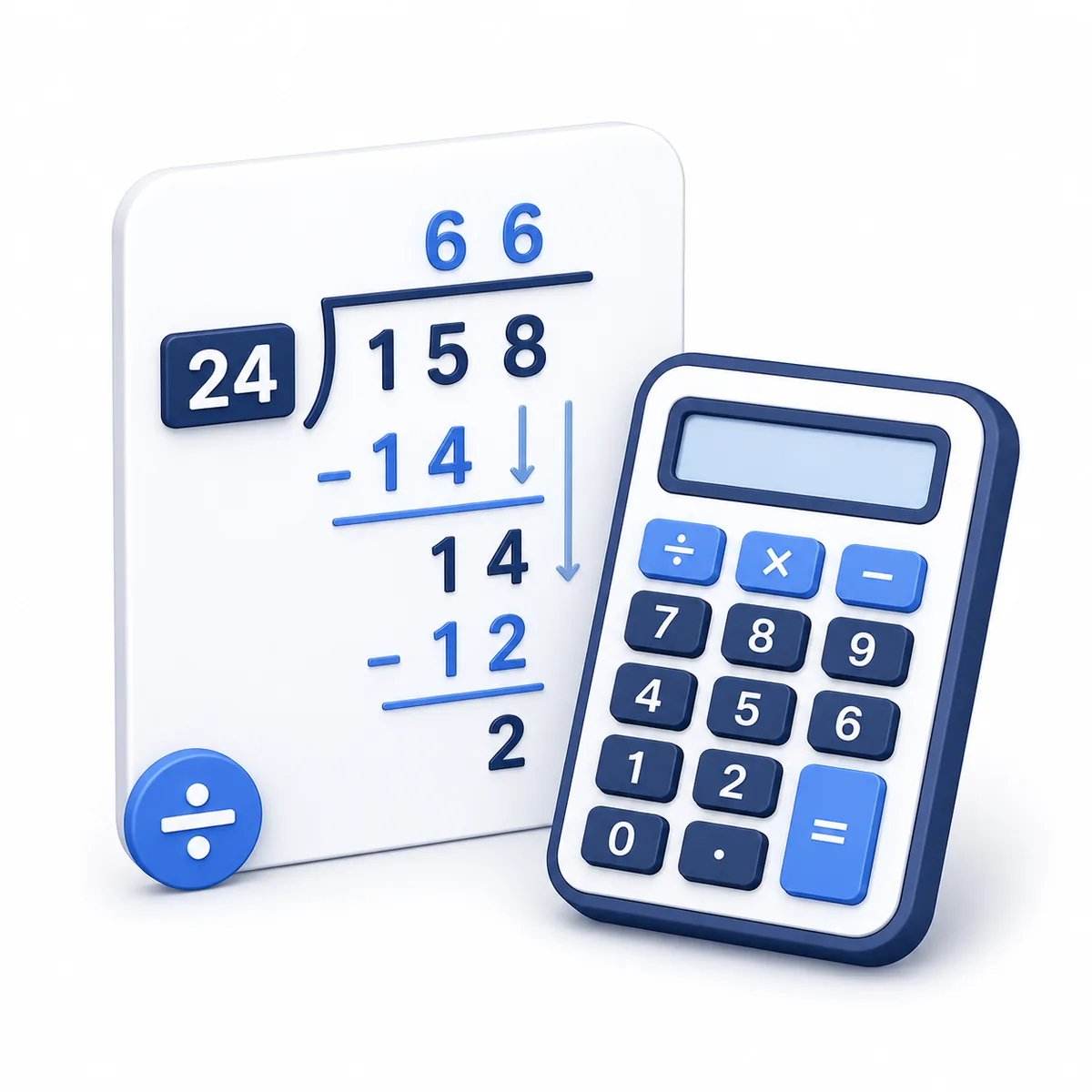 3D illustration for the Long Division Calculator with a long division board, division symbol, worked steps, and calculator.