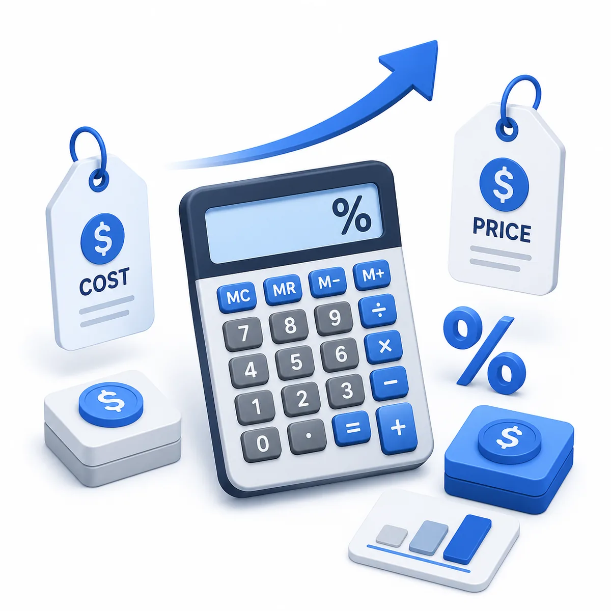 3D illustration for the Markup Calculator with cost and price tags, percent symbol, upward arrow, and calculator.