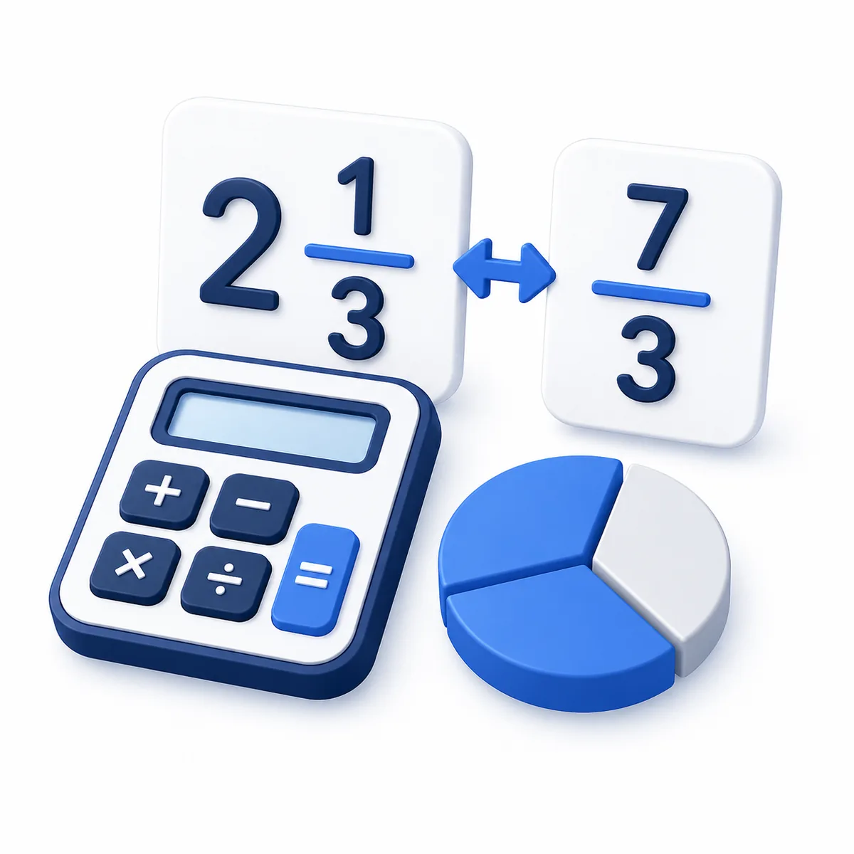 3D illustration for the Mixed Number Calculator with mixed fractions, improper fraction conversion, pie chart, and calculator.