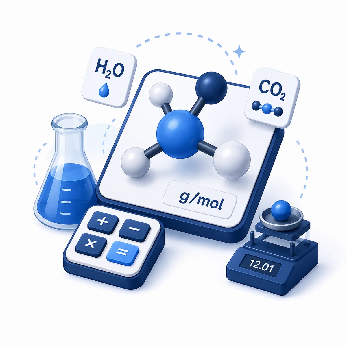 3D illustration for the Molecular Weight Calculator with molecule model, H2O and CO2 formula cards, lab flask, g per mol label, and calculator.