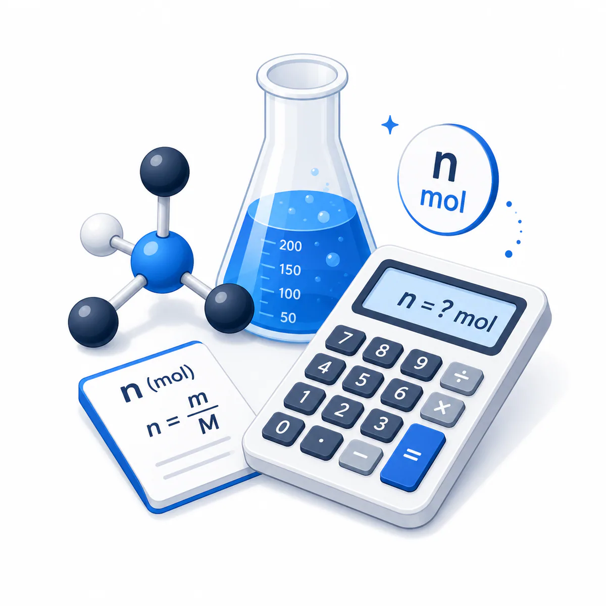3D illustration for the Moles Calculator with molecules, laboratory flask, mole formulas, and calculator.