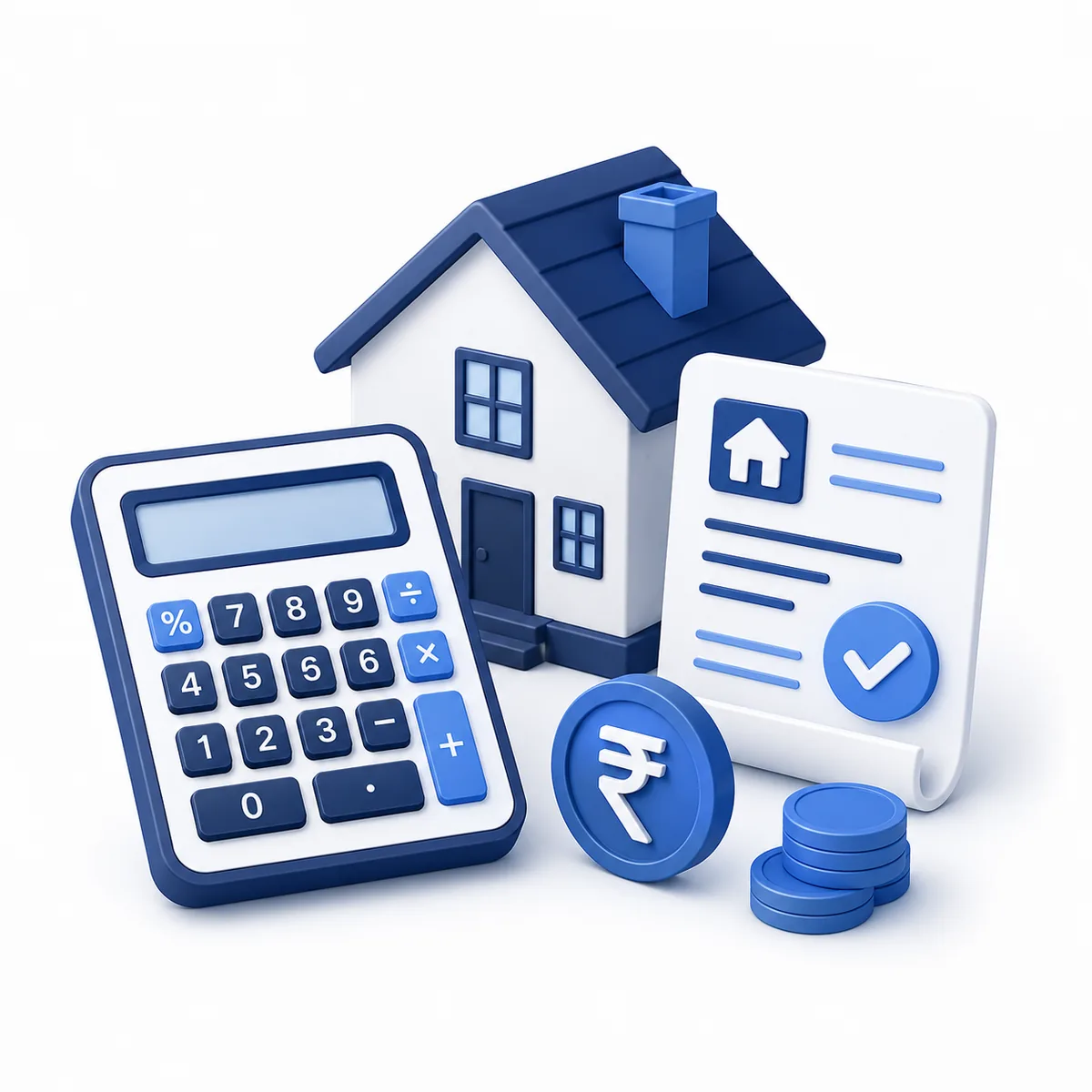 3D illustration for the Mortgage Calculator with a house, home loan document, rupee coin stacks, approval check mark, and calculator.