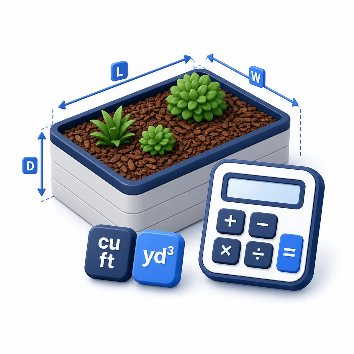 3D illustration for the Mulch Calculator with a planted bed, length, width, depth labels, cubic foot tile, and calculator.