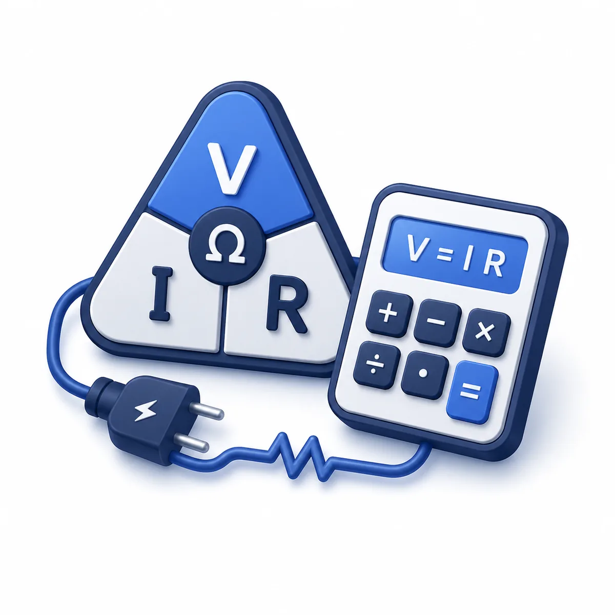 3D illustration for the Ohm's Law Calculator with voltage, current, resistance symbols, an electrical plug, circuit wire, and calculator.