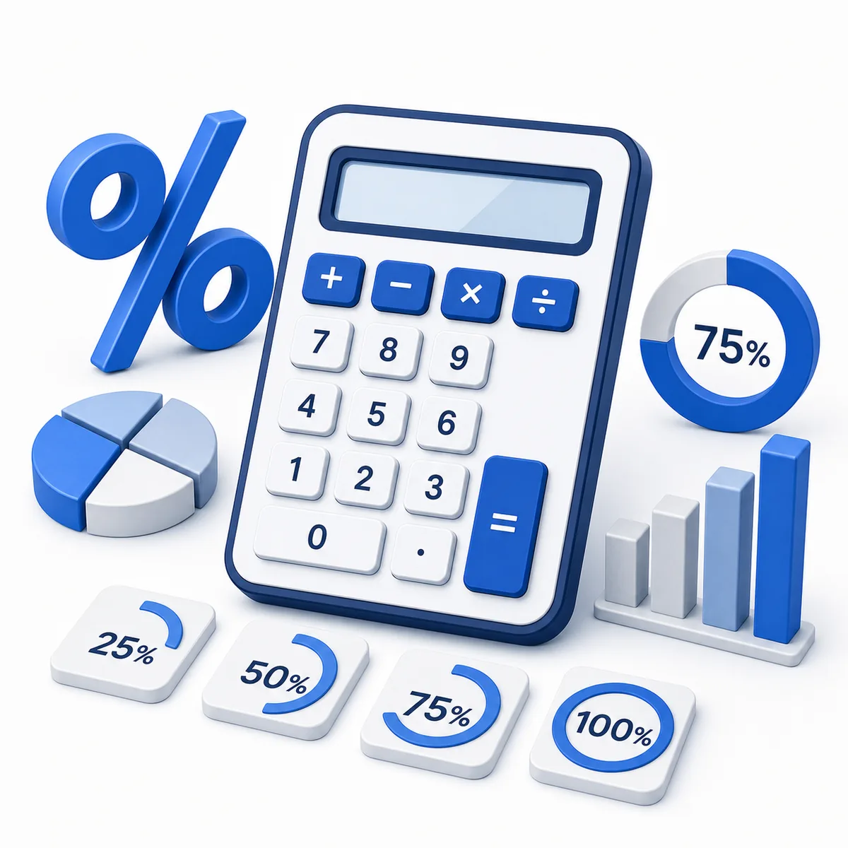 3D illustration for the Percentage Calculator with a calculator, percent sign, charts, and progress rings.