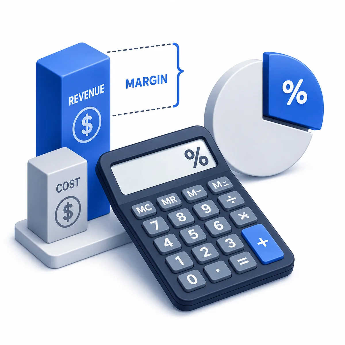 3D illustration for the Profit Margin Calculator with revenue and cost blocks, margin bracket, percent pie chart, and calculator.