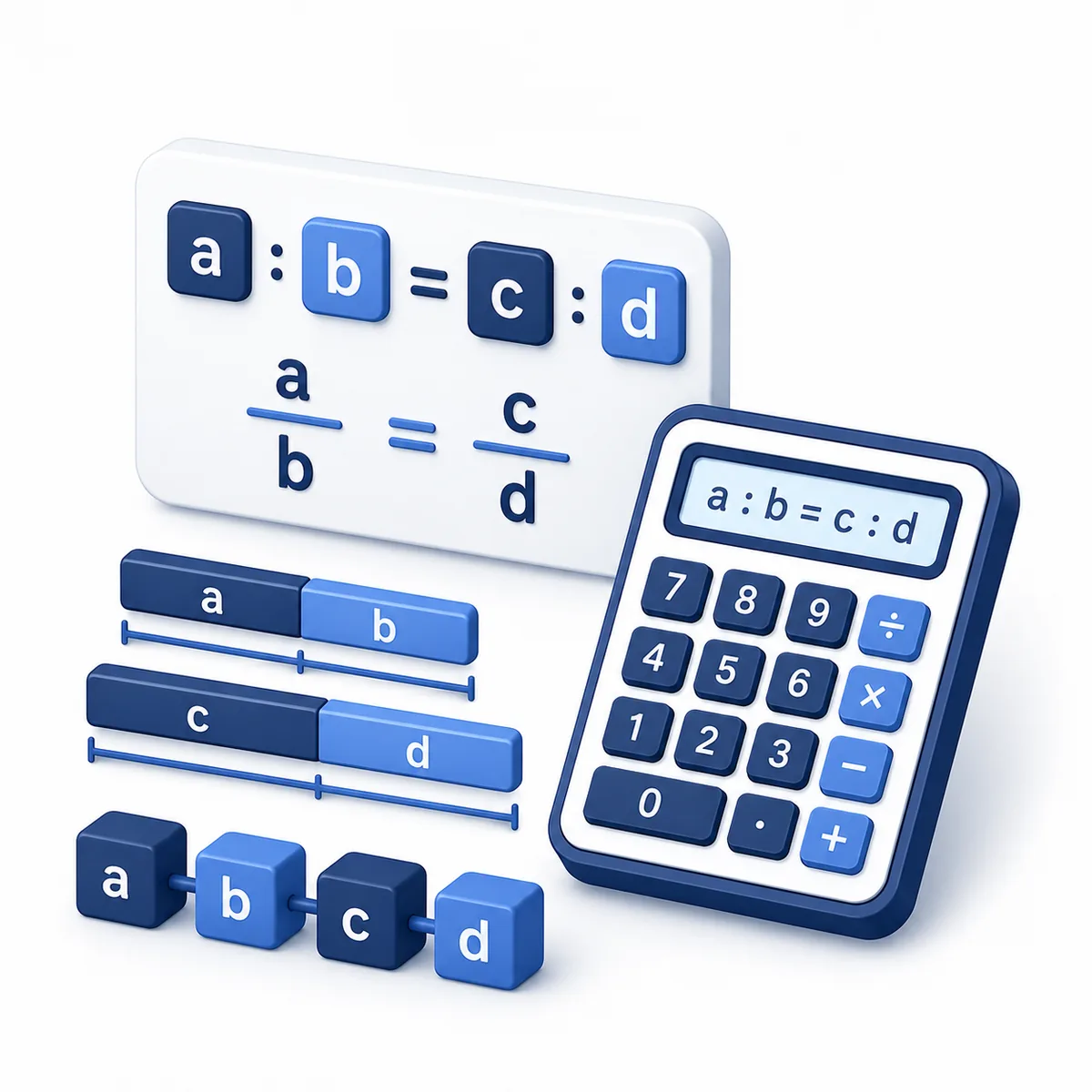 3D illustration for the Proportion Calculator with ratio formulas, matching bars, variable tiles, and calculator.