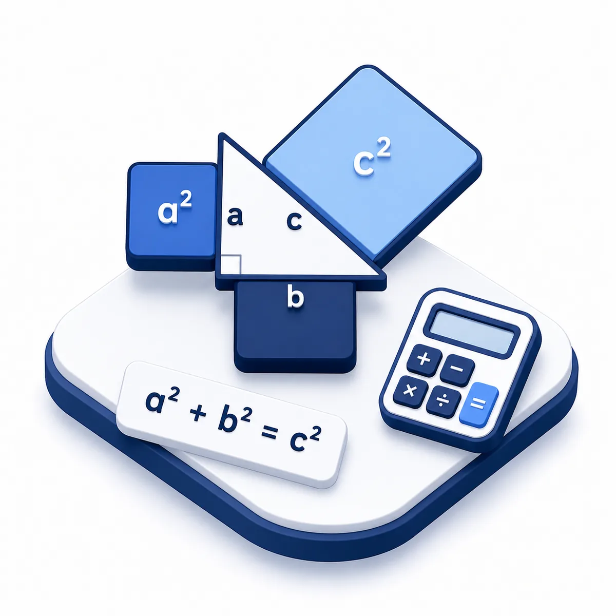 3D illustration for the Pythagorean Theorem Calculator with a right triangle, squared side labels, formula, and calculator.