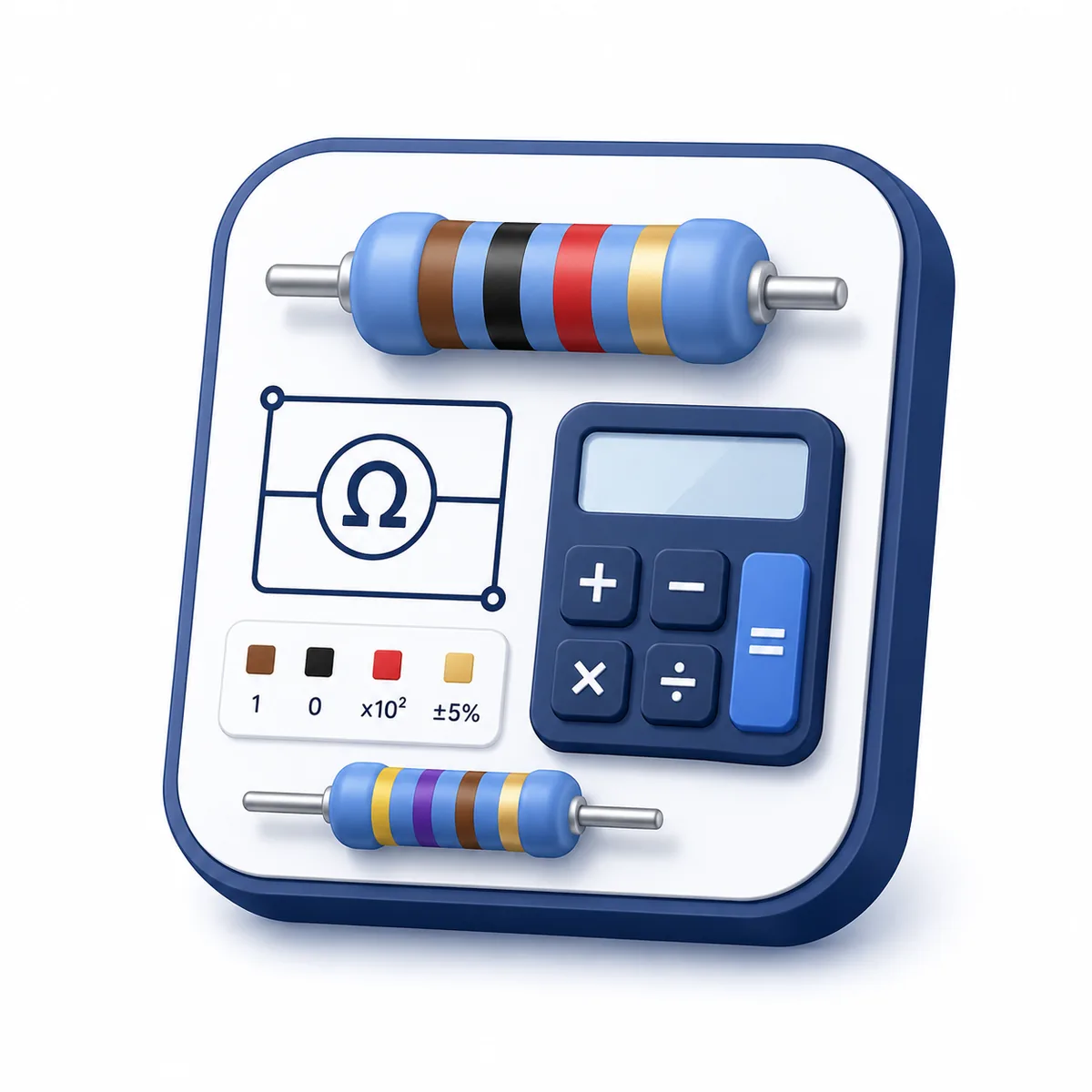 3D illustration for the Resistor Calculator with color-banded resistors, an ohm circuit diagram, tolerance key, and calculator.