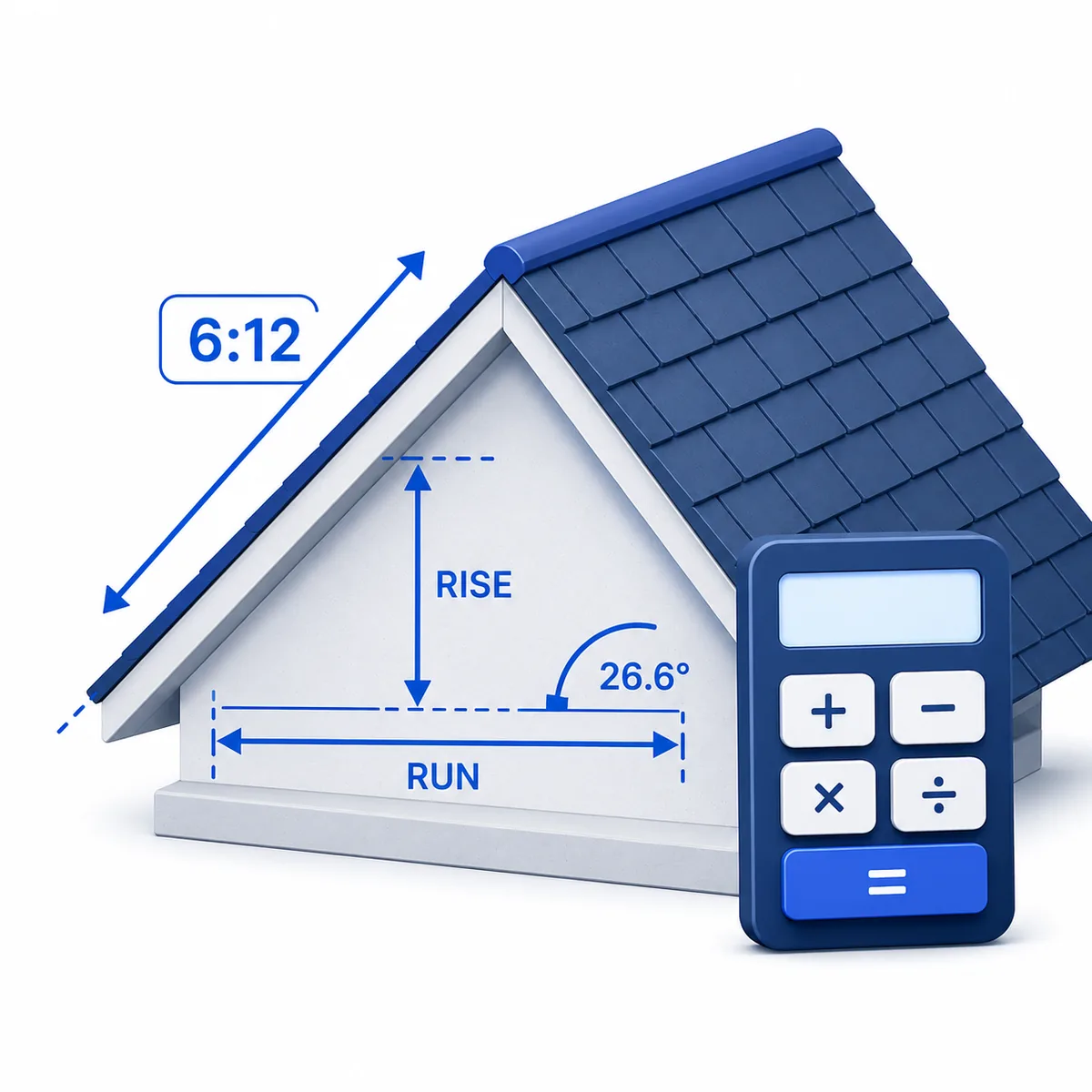3D illustration for the Roof Pitch Calculator with a roof, rise, run, angle labels, pitch marker, and calculator.