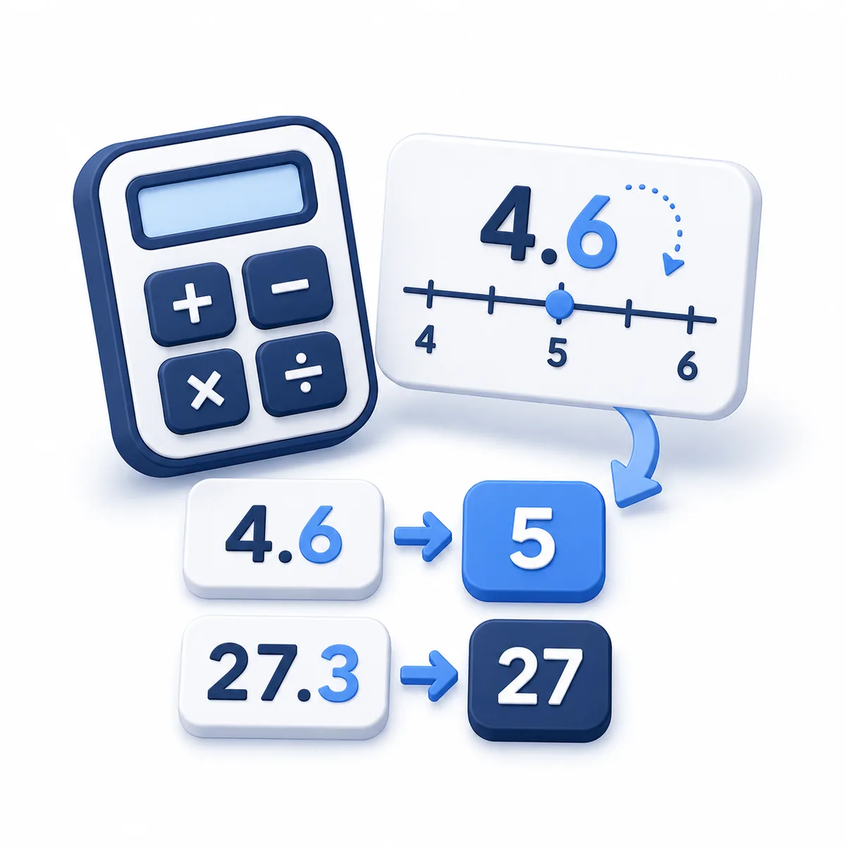 3D illustration for the Rounding Calculator with decimal numbers, arrows to rounded values, a number line, and calculator.
